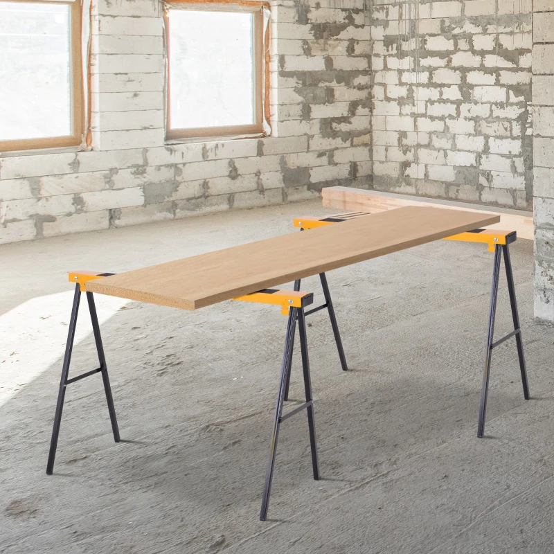 DURHAND Lot de 2 tréteaux pliables compactes poignée transport dim. 100L x 50l x 76H cm surface antidérapante métal noir jaune