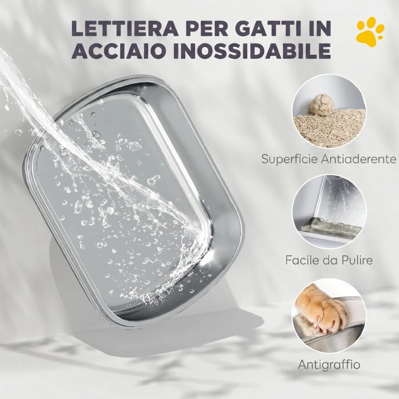 PawHut Lettiera Gatto Chiusa XL in Acciaio Inox con Coperchio Sollevabile, Paletta, Pacchetto Deodorante, Bianco