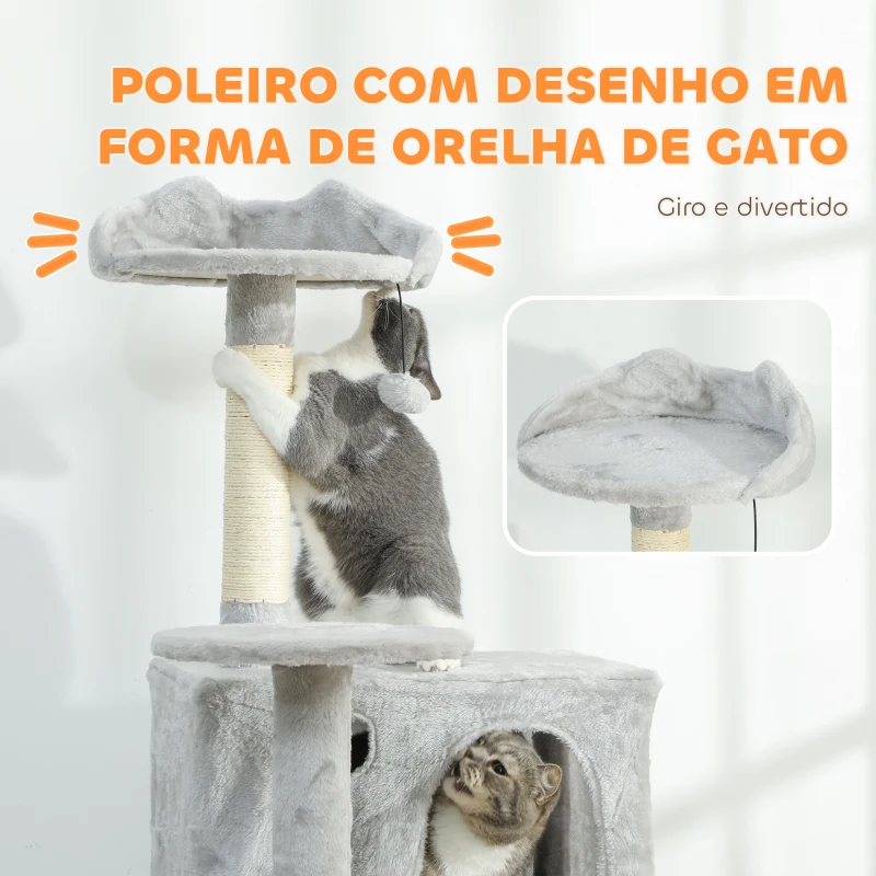 PawHut Arranhador para Gatos com Múltiplas Plataformas Cama 2 Cavernas Rede Escada Postes de Sisal 56x56x180 cm Cinza