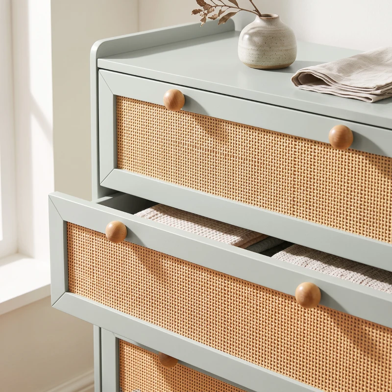 HOMCOM commode met 4 lades, boho ladekast met rattanlook fronten en grenenhouten poten, saliegroen