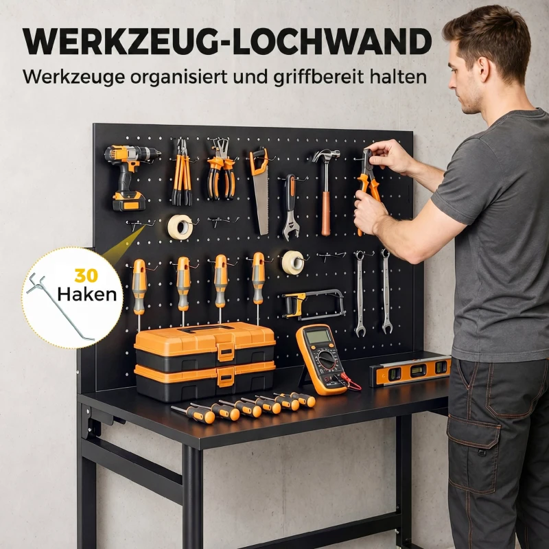 HOMCOM Werkbank mit Lochwand, Klappbare Mobile Werkbank mit Rollen, Dicke Arbeitsplatte, Stahlrahmen, Haken, Schwarz