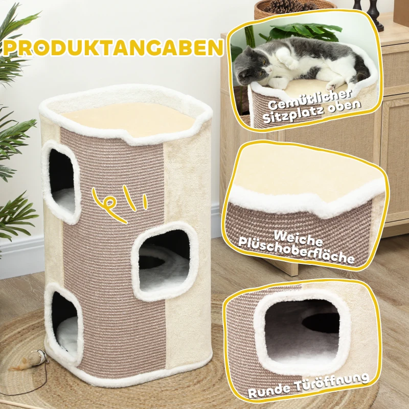 PawHut Krabton voor Katten, 3 Niveaus, Stevig, Zacht Pluche, Toevluchtsoord, Beige