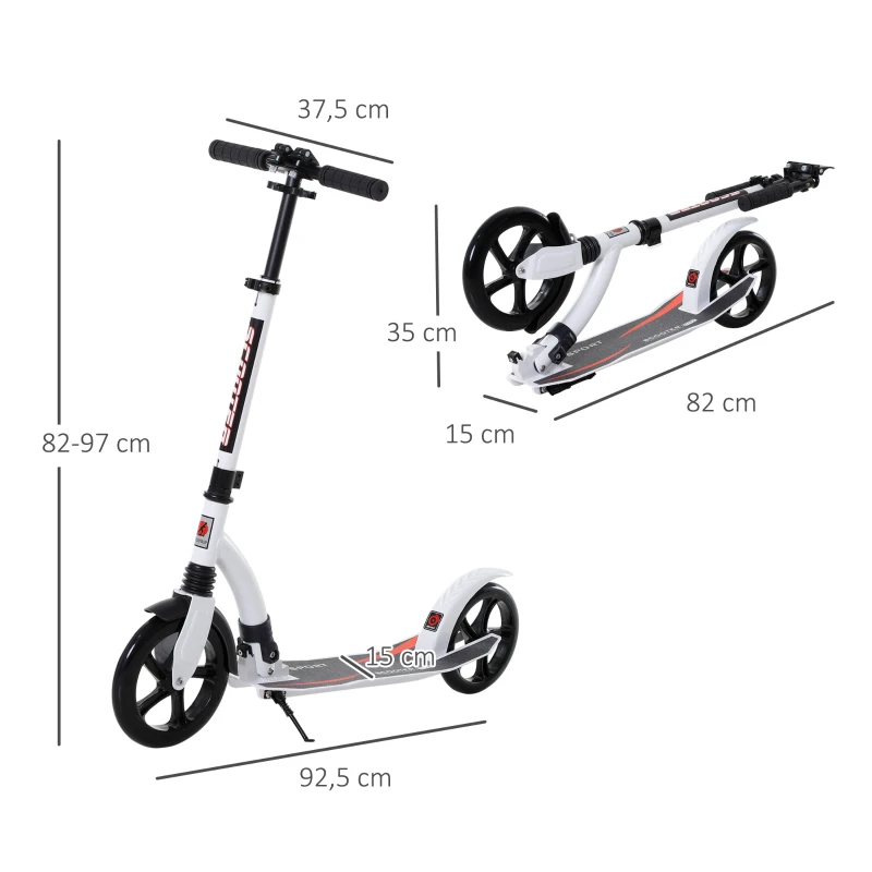HOMCOM Kinderstep, step met schokdemping, step, opklapbaar en in hoogte verstelbaar, vanaf 14 jaar, aluminium, wit, 92,5 x 37,5 x 87-101,5 cm(m-3)