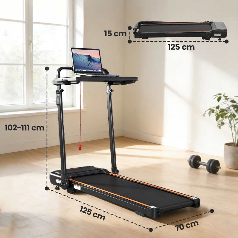 SPORTNOW Cinta de Correr Plegable con Escritorio Extraíble 2.5HP 1-12 KM/H Pantalla LED Manillar y Soporte para Móvil Negro
