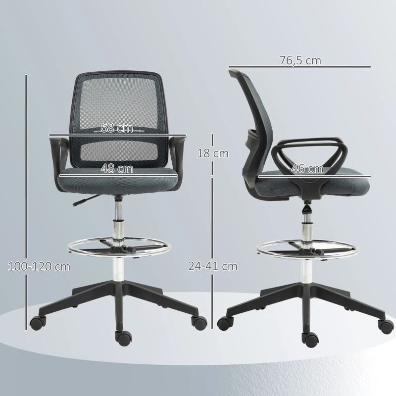 Vinsetto Ergonomische Bureaustoel met Armleuningen en Verstelbare Voetensteun, Mesh Bekleding Grijs