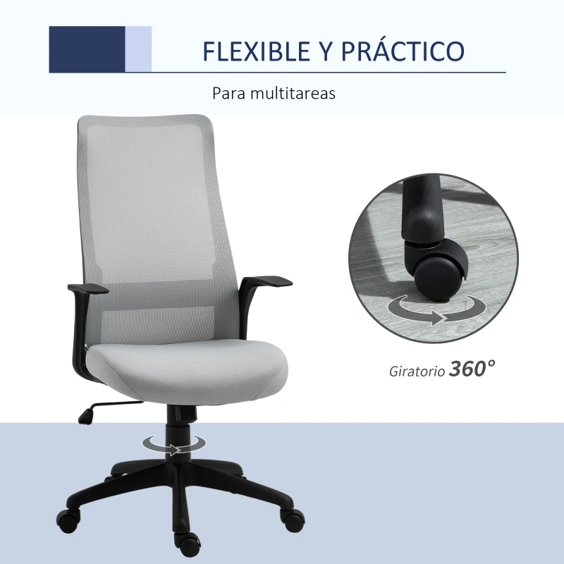 Vinsetto Silla de Oficina Ergonómica Silla Escritorio Giratoria con Altura Ajustable Reposabrazos Soporte Lumbar y Respaldo Alto Transpirable 62x62x113-122 cm Gris