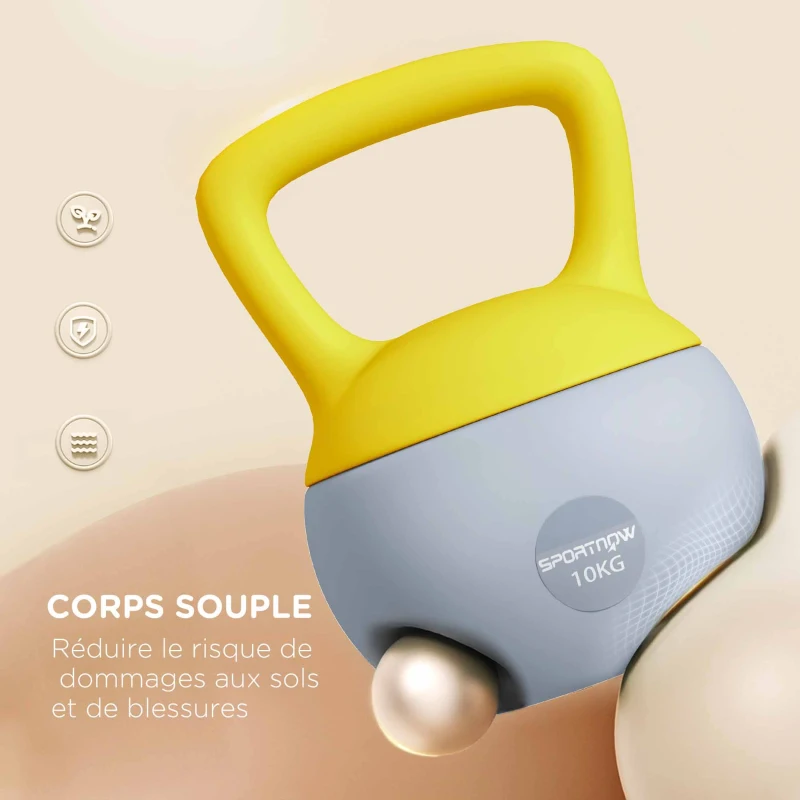 SPORTNOW Kettlebell 10kg haltère avec poignée antidérapante pour fitness musculation cardio, gris et jaune