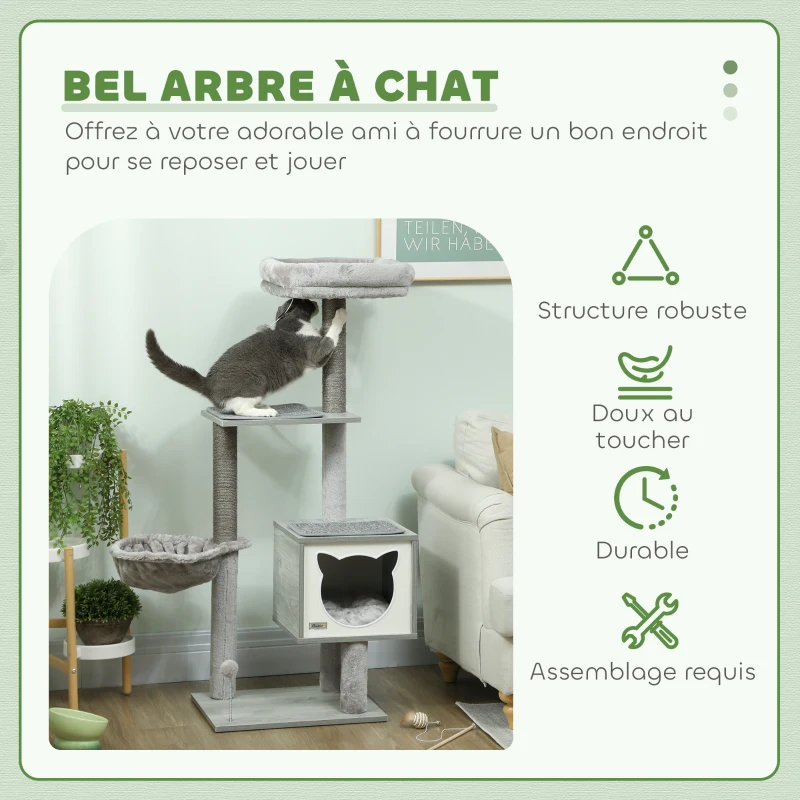 PawHut Arbre à chat griffoirs grattoirs multi-équipements niche hamac peluche courte sisal naturel 48x40x126cm gris