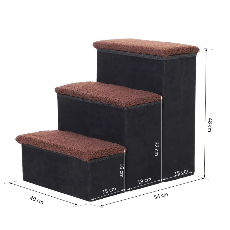 PawHut Escalier pour chien animaux pliable rampe 3 marches polaire amovible coffre interne rangement dim. 51L x 40l x 50H cm MDF polaire marron noir