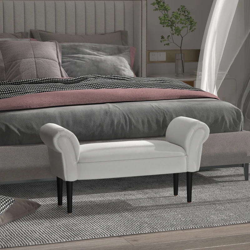 HOMCOM End of Bed Bench, Upholstered Window Seat with Arms and Wooden Legs, Modern Shoe Bench for Entryway, Living Room, Bedroom, Greyish White