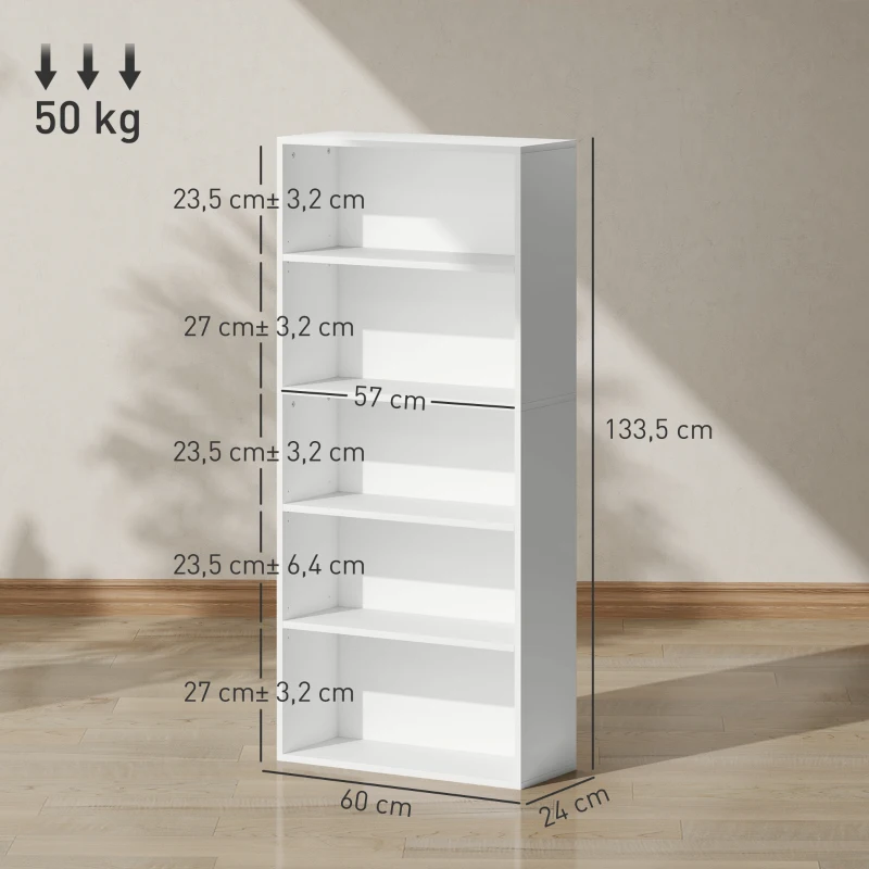 HOMCOM Estante de 5 Níveis Estante para Livros com 2 Prateleiras Ajustáveis para Sala de Estar Escritório Quarto 60x24x133,5 cm Branco