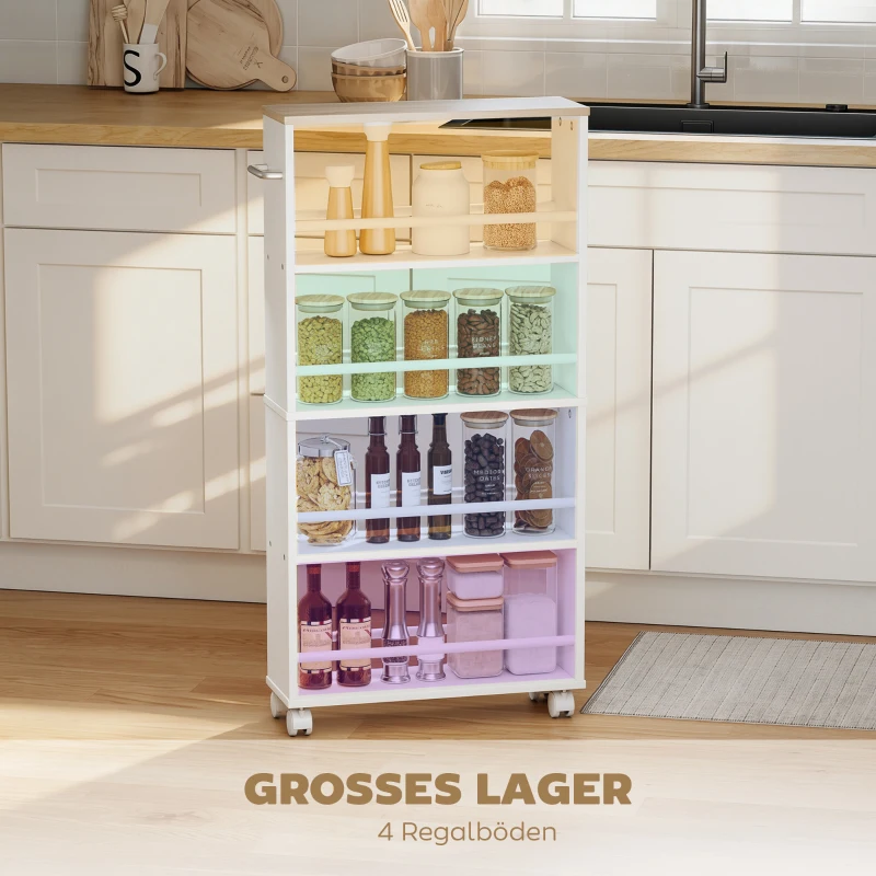 HOMCOM Multifunctionele plank met wielen, smal design, 4 vakken, 45x15x91 cm, naturel