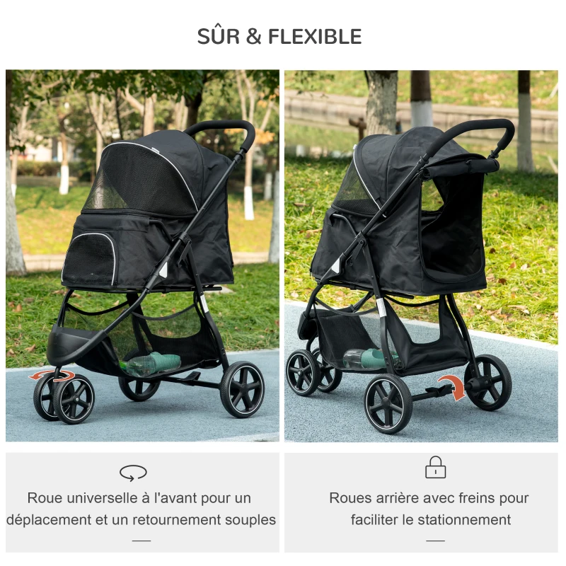 PawHut Poussette pour chien chat animaux de compagnie pliable 2 laisses roues EVA guidon réglable panier 83 x 55 x 101 cm noir