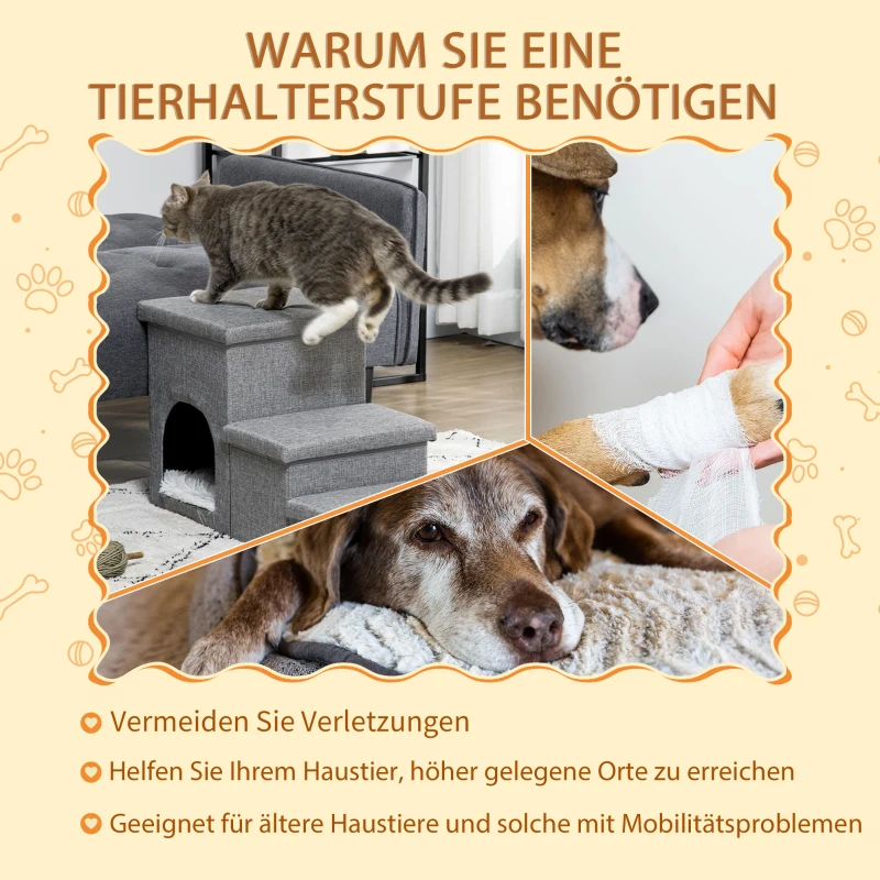 PawHut Huisdierentrap met huisdierbed, inclusief verborgen opbergruimte, 73,5 cm x 33 cm x 40,5 cm, lichtgrijs