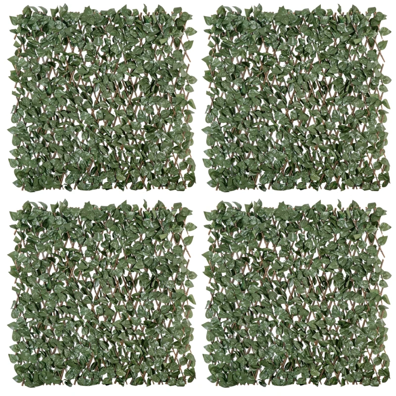 Outsunny Lot de 4 Haies Artificielles de Lierre Extensible, Feuilles Murale Brise-vue en Polyester Osier, 200 x 100 cm, Vert