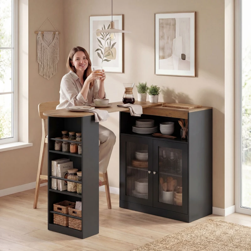 HOMCOM Mesa de Bar Extensível e Giratória 360° com Prateleiras Abertas e 2 Portas de Vidro 150x80x105,5 cm Preto e Madeira