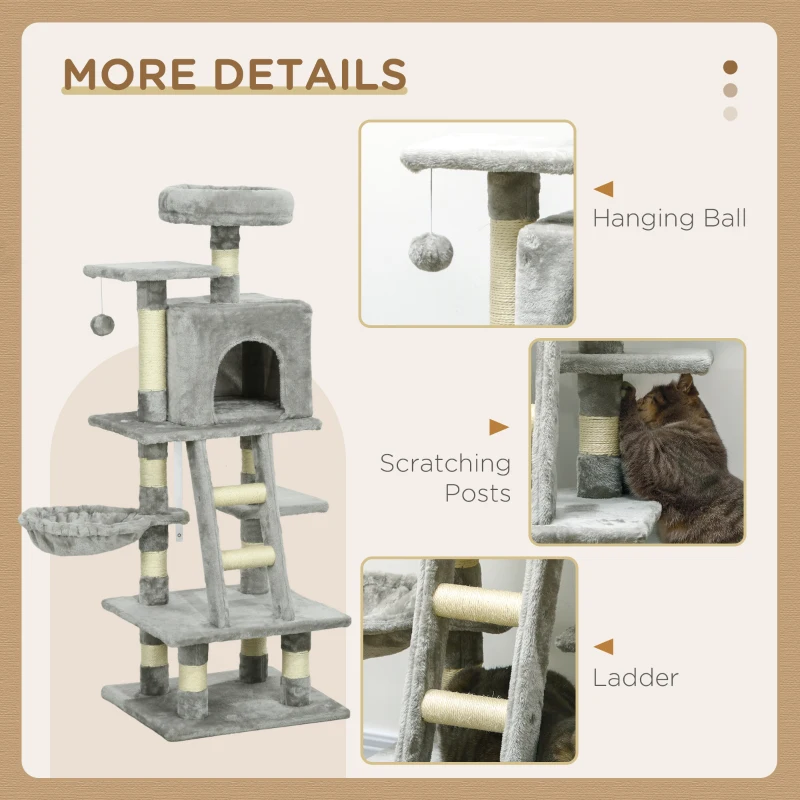 PawHut Cat Tree for Indoor Cats, Cat Tower with Scratching Post, Bed for Large Cats, Light Grey