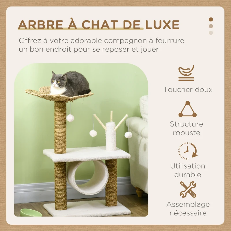 PawHut Arbre à chat griffoir sisal naturel tunnel plateforme style cosy chic quenouille peluche polyester 56 x 40 x 91cm beige