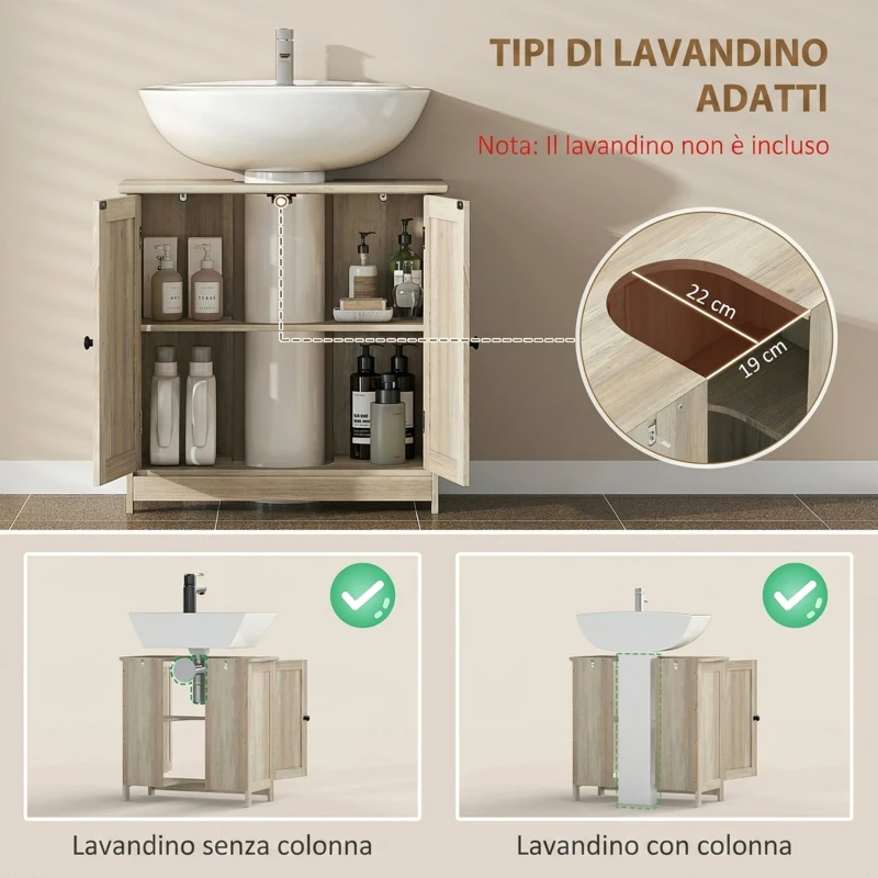 HOMCOM Mobile sottolavabo con 2 ante e ripiano regolabile 60x30x60 cm, grigio effetto legno