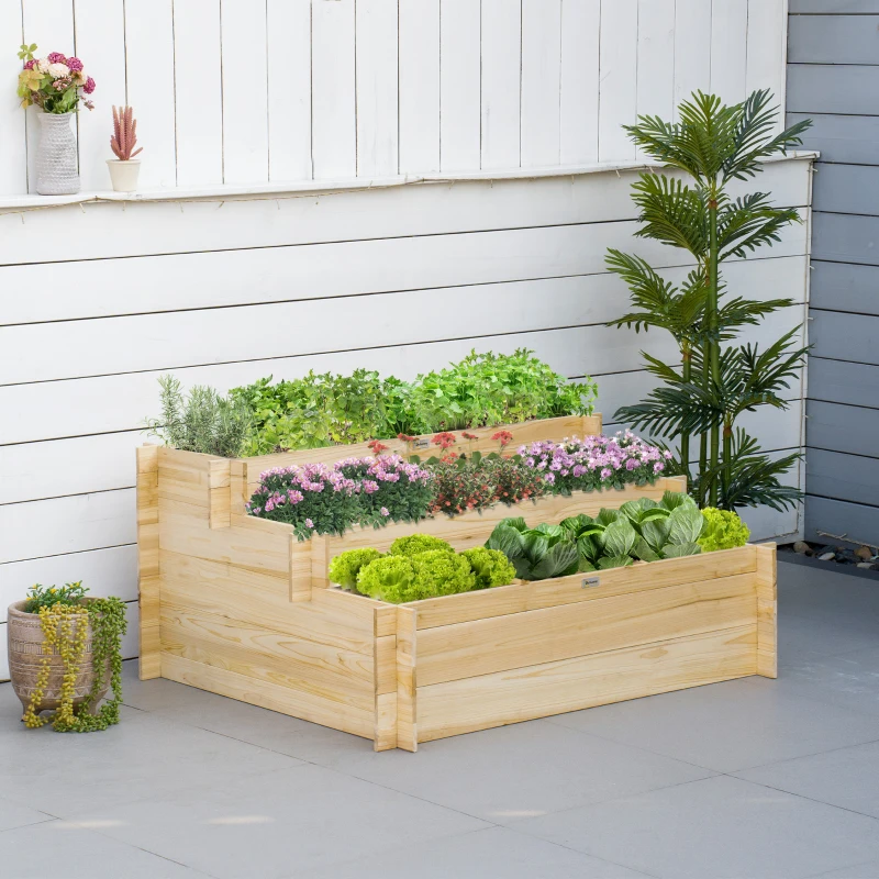 Outsunny Caixa de Plantio de Madeira de 3 Níveis Horta Vertical em Escada com Malha Geotextil para Cultivos de Plantas Flores para Jardim Terraço Exterior 117x100x54cm Natural