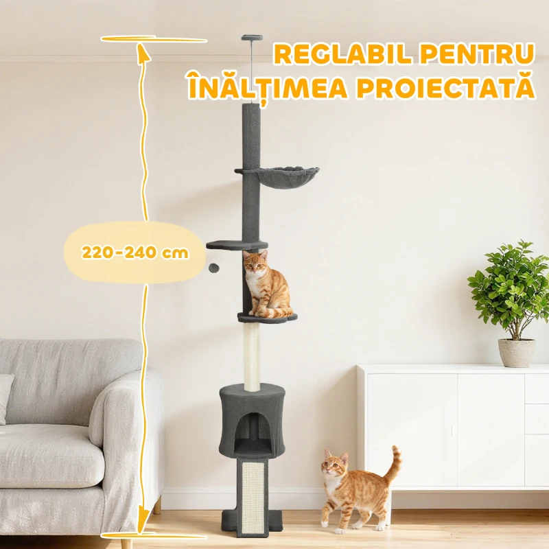 PawHut Arbore pentru Pisici la Tavan Înalt 220-240 cm cu Hamac, Căsuță, Platforme în Formă de Floare și Stâlpi din Sisal, Gri