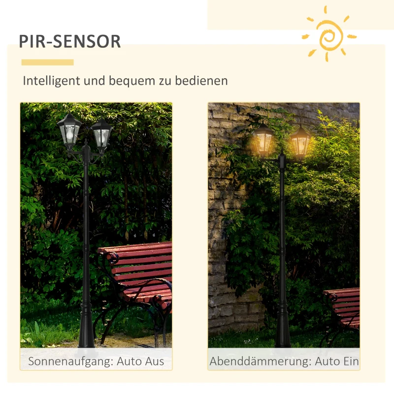Outsunny Solar Gartenlaterne 2,5 m Gartenleuchte Wegleuchte mit 19 LED 10-500 Lumen 3000K Aluminium gehärtetes Glas Schwarz 22 x 72 x 248 cm