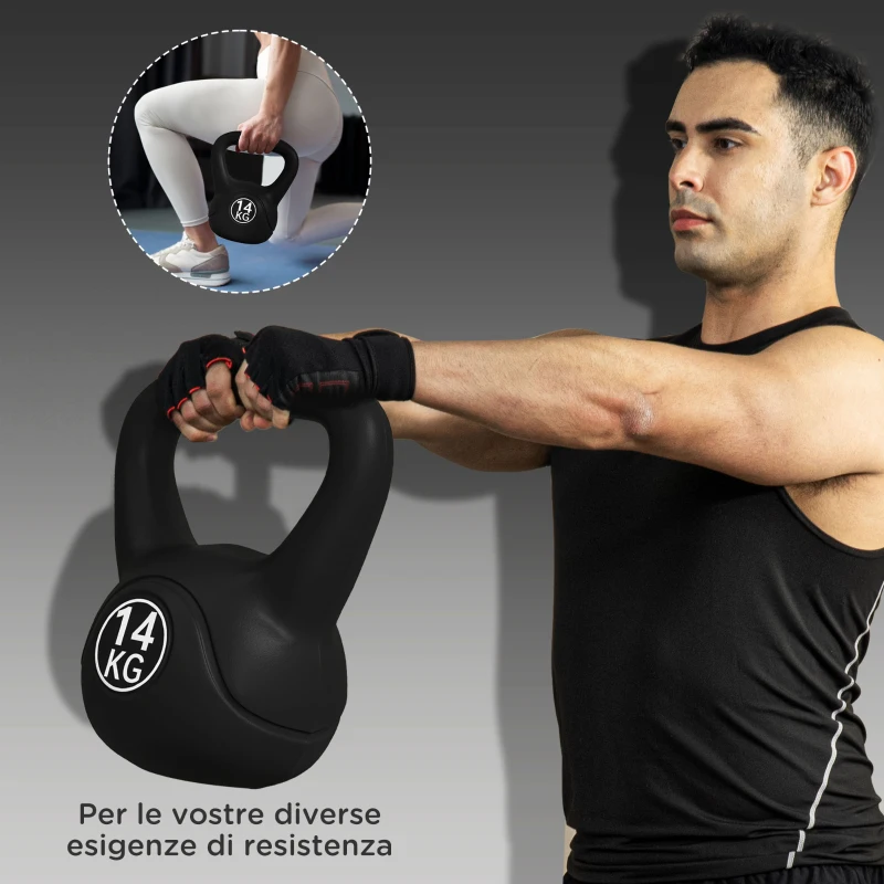 HOMCOM Kettlebell 4kg in Plastica e Sabbia con Base Piatta e Impugnatura, 18x12x20 cm, Nero