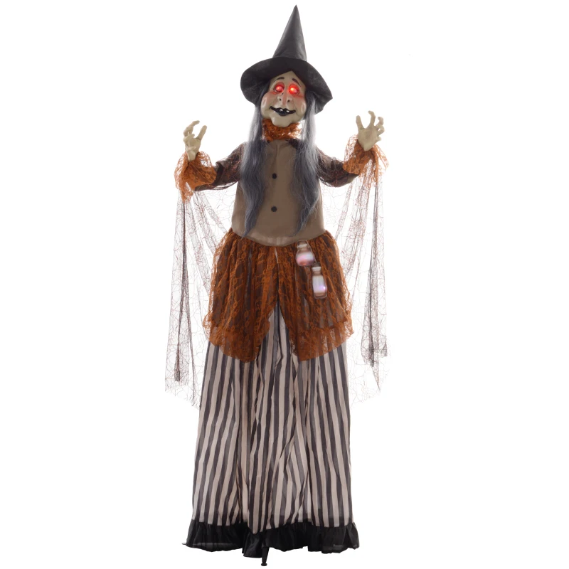 HOMCOM Heks met Toverdrank, Halloween Decor, Griezelige Geluiden, Rode Ogen, Beweegbaar, 183 cm(m-10)