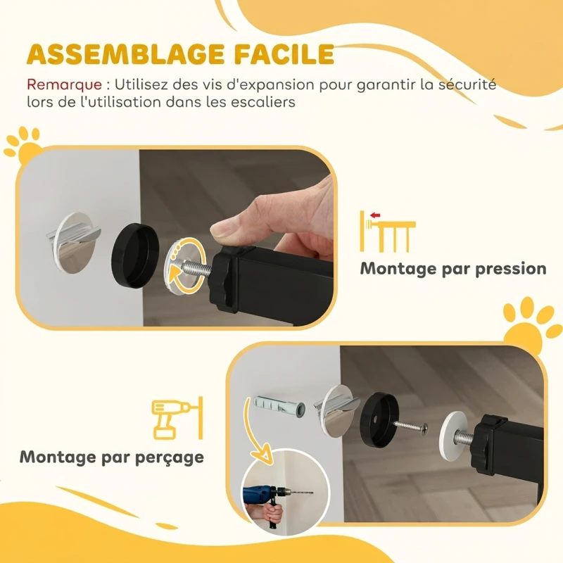 PawHut Barrière de sécurité pour chiens et bébés 76 à 130 cm avec extension fixation par pression sans perçage blanc