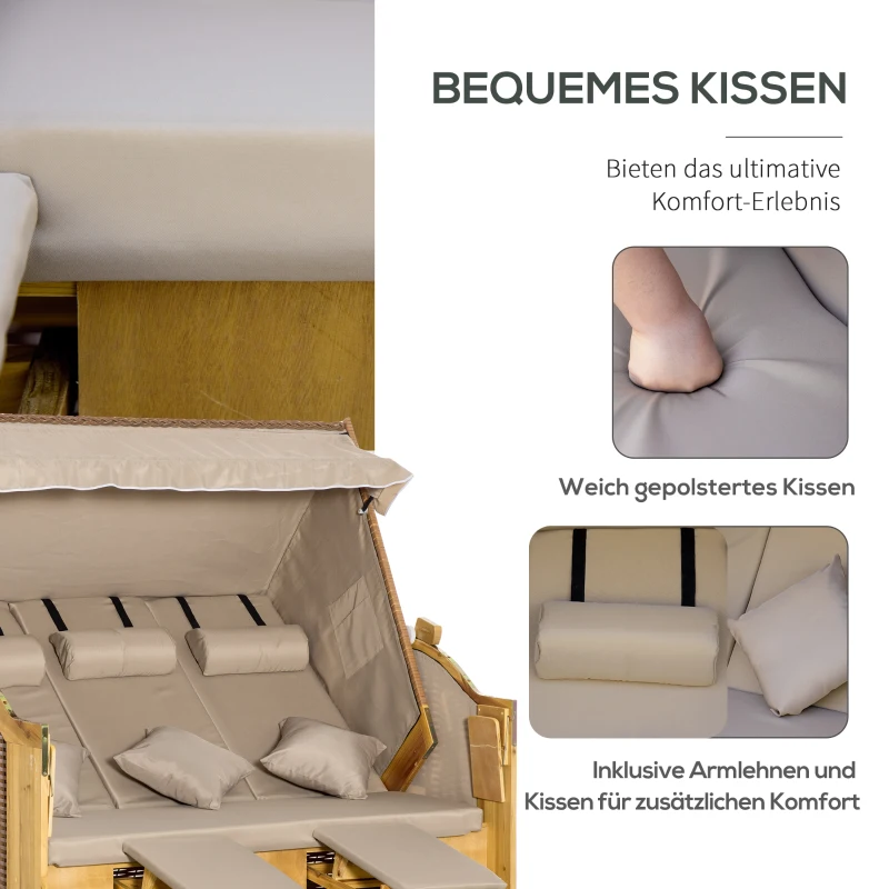 Outsunny strandstoel 3-zits ligbed met dak 2 klaptafels voetenbank chaise longue 5-traps rugleuning XXL polyrotan naturel 150 x 79 x 160 cm
