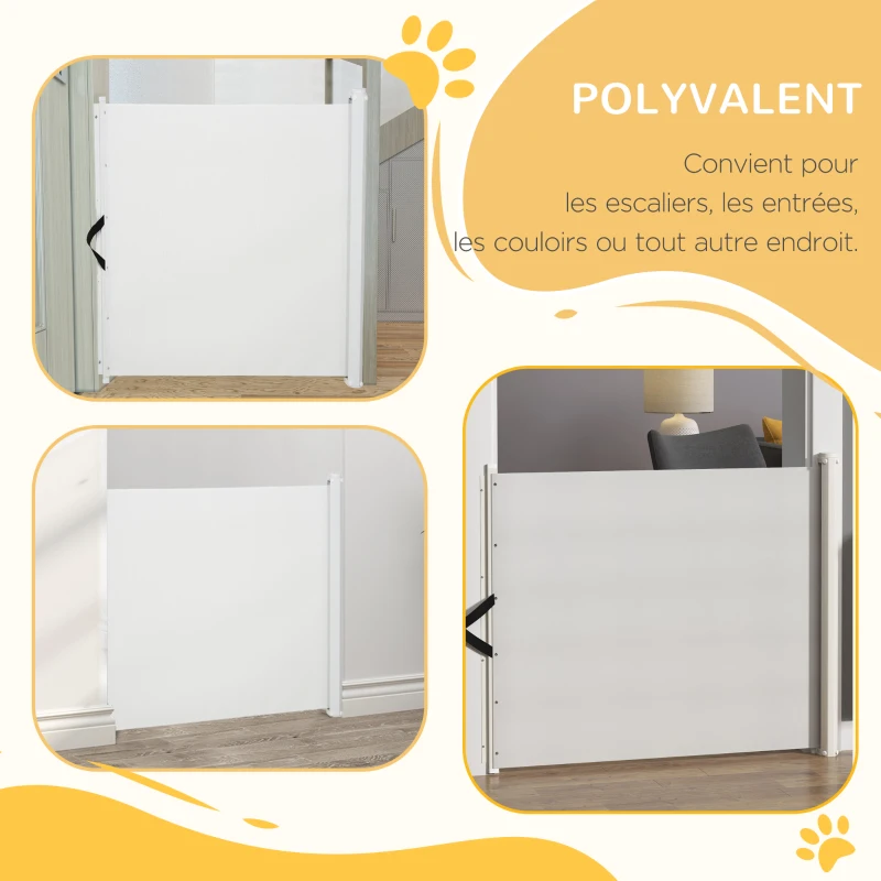 PawHut Barrière de sécurité barrière animaux rétractable automatique 1,15L x 0,83H m teslin métal blanc