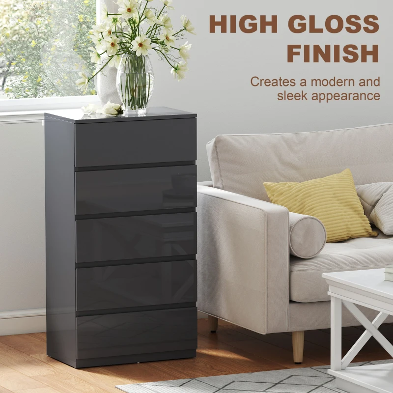 HOMCOM 5-Drawer Modern Dresser, High Gloss Storage Drawer Unit for Bedroom, Grey
