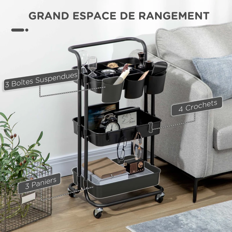 HOMCOM Chariot à 3 niveaux desserte avec 4 crochets et 3 boîtes suspendues amovibles pour 42 x 38 x 86,5 cm noir
