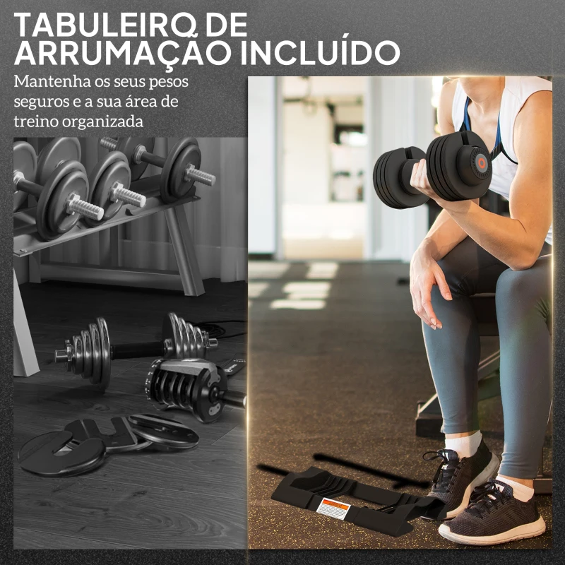 SPORTNOW Conjunto de Pesos Ajustável de 20 kg com Ajuste Rápido de Peso com Base de Armazenamento e Pega Antiderrapante  Ø18x37 cm Preto
