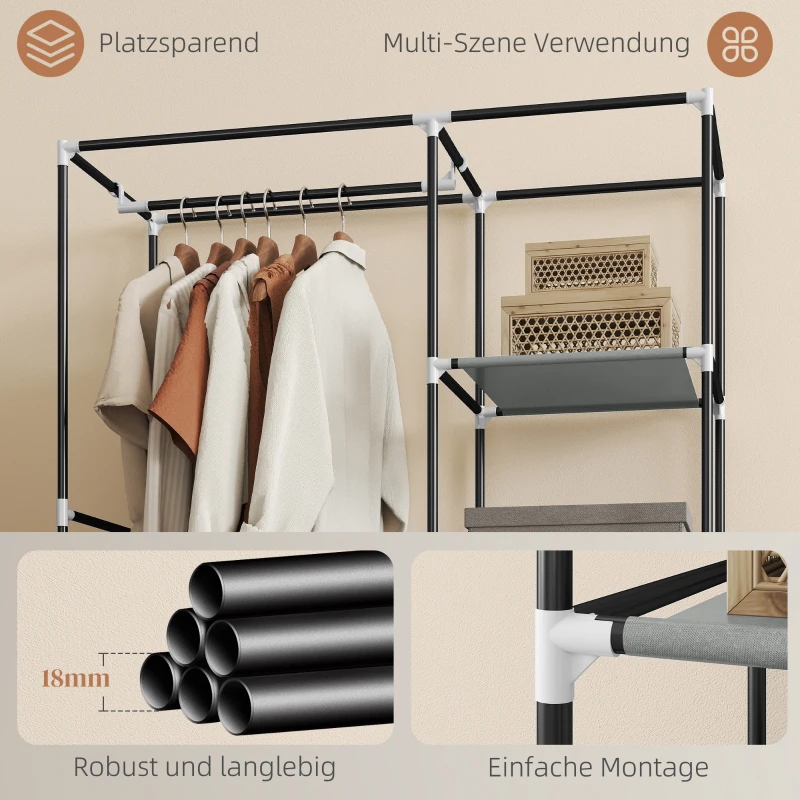 HOMCOM Stoffen Kledingkast, Opbergoplossing, 6 Planken, 1 Kledingstang, Grijs