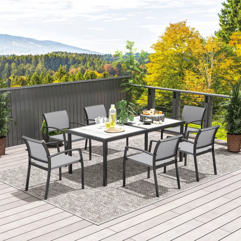 Outsunny 7-delige eettafelset, 6 stoelen, 1 tafel, stapelbaar, gemakkelijk te reinigen, stalen frame, tuinmeubelset, grijs