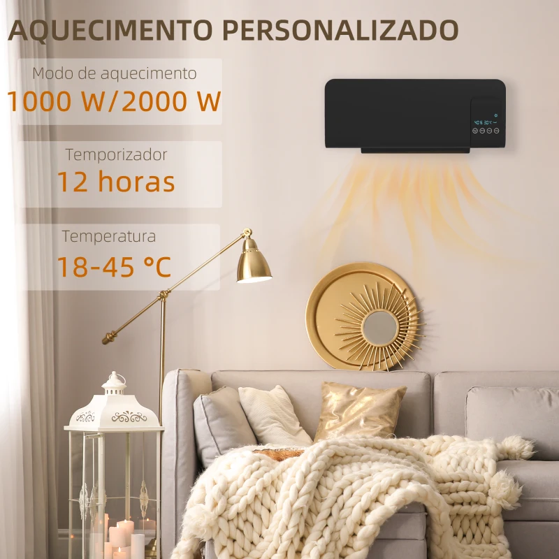 HOMCOM Aquecedor Elétrico de Parede 1000W/2000W 54,5x12x21,5 cm Preto