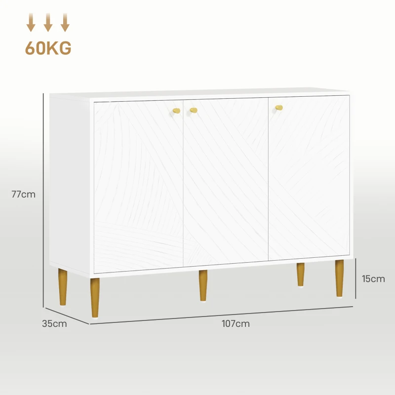 HOMCOM Buffet meuble de rangement avec 2 placard 3 portes étagères ajustables pieds dorés en acier 107 x 35 x 77 cm blanc