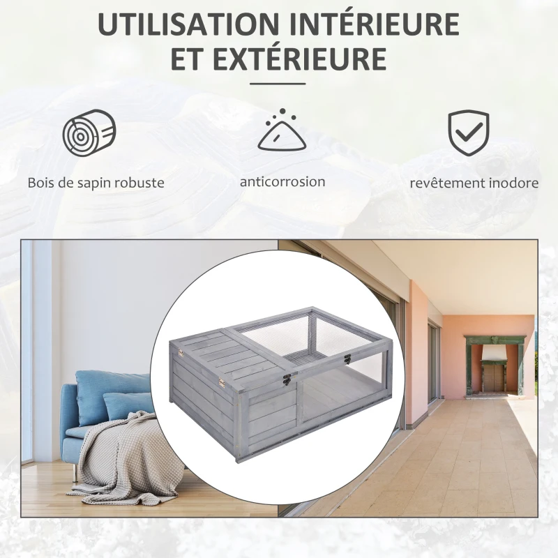 PawHut Maison enclos cage habitat pour petit animal tortues avec 2 espaces 91 x 60,5 x 32 cm bois massif gris
