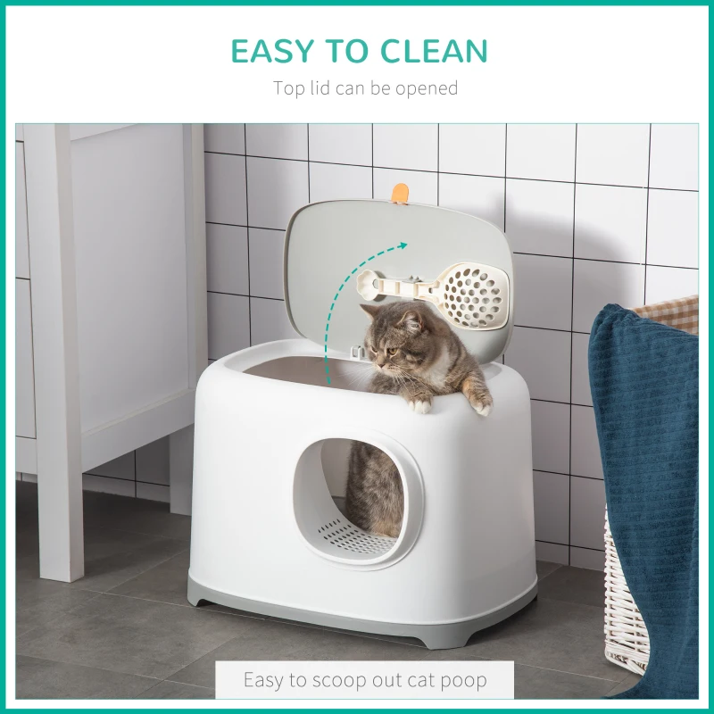 PawHut Lettiera per Gatti Apribile in PP con Paletta e Coperchio Inclusi, 55x40x39cm, Bianca e Grigia