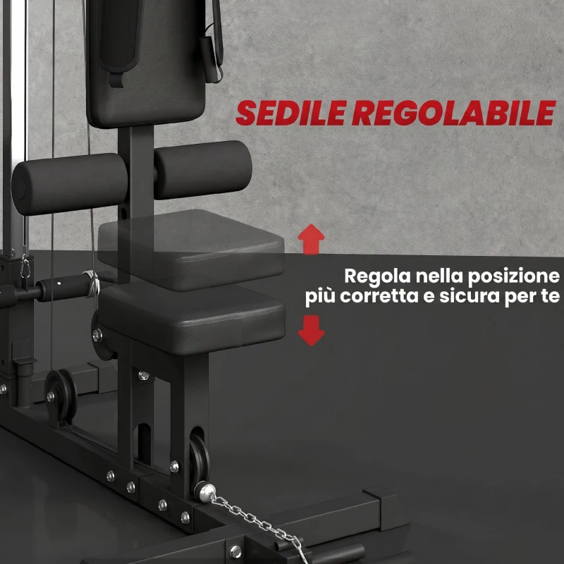 SPORTNOW Stazione Fitness Multifunzione con Lat Machine, Sedile Regolabile e Supporto per Dischi, Nero