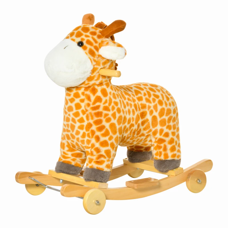 HOMCOM 2 In 1 Kids Todder Rocking Horse Plush Ride On Giraffe Rocker with Wheels Wooden Base Animal Sounds for 3-6 Years