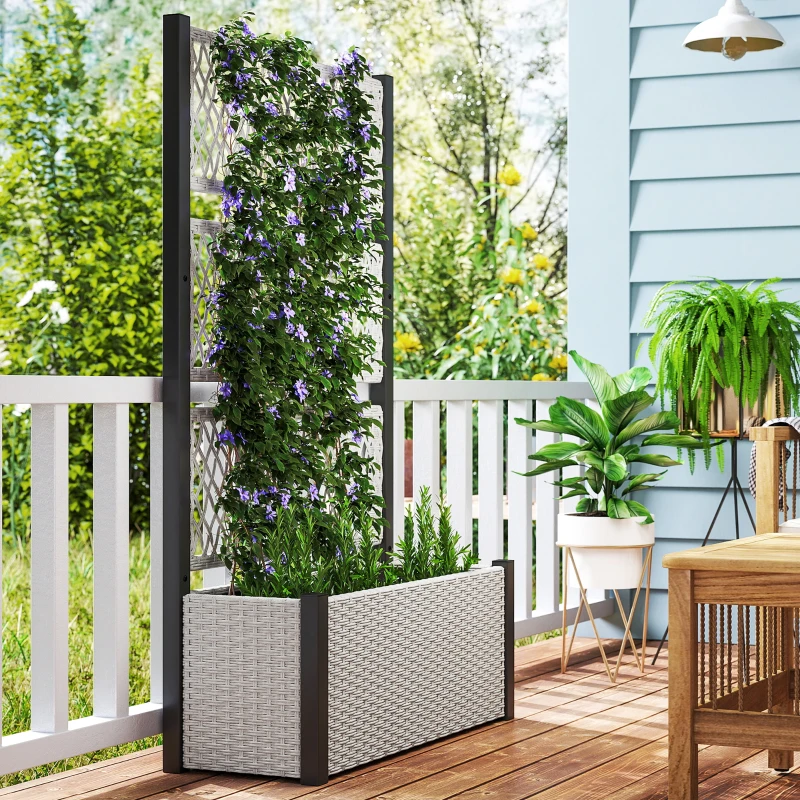 Outsunny Hochbeet mit Rankgitter in Rattan-Optik Pflanzkasten Blumenkasten mit Rankhilfe 90 x 35 x 148cm Grau