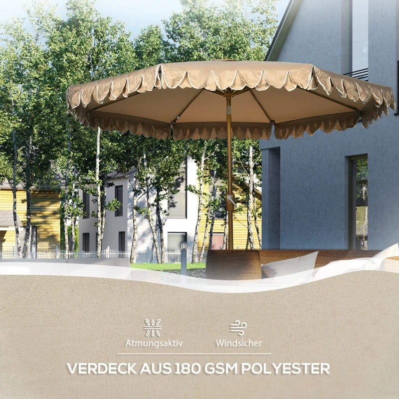 Outsunny parasol, met franje, kantelbaar, met handslinger, staal+polyester, kaki, Ø265 x 235,5 cm