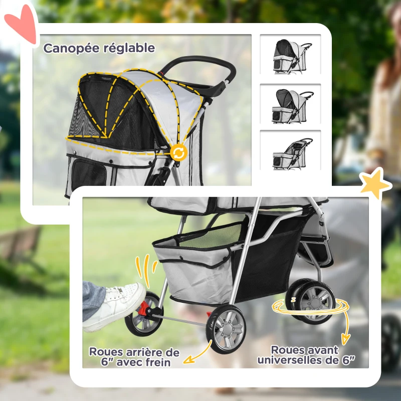 PawHut Poussette Buggy Pliable Animaux, Chariot Pliant Chien Chat, Porte-Gobelet Panier De Rangement Inclus, Roues Avec Frein, Tissu 600D Oxford Acier, 75 x 45 x 97 cm Gris(m-6)