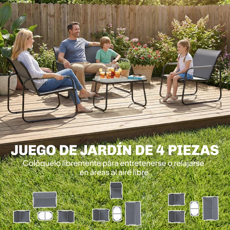 Outsunny Conjunto de Jardín Exterior con 1 Sofá de 2 Plazas 2 Sillones y Mesa de Vidrio Templado Textilene Transpirable Gris