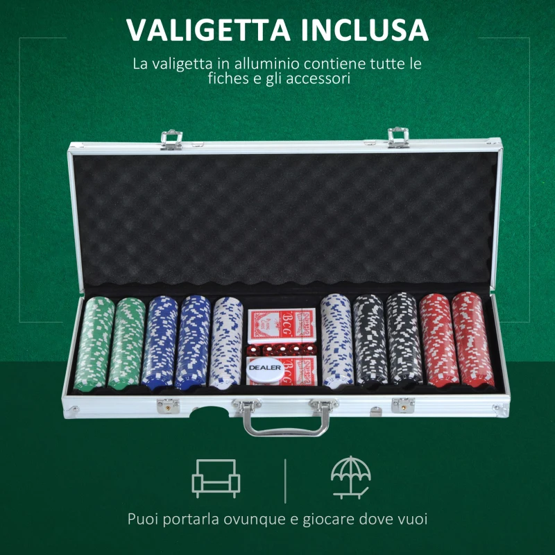 HOMCOM Valigetta Poker Professionale in Alluminio, Set Poker con 500 Fiches e 2 Mazzi per Texas hold'em e Blackjack