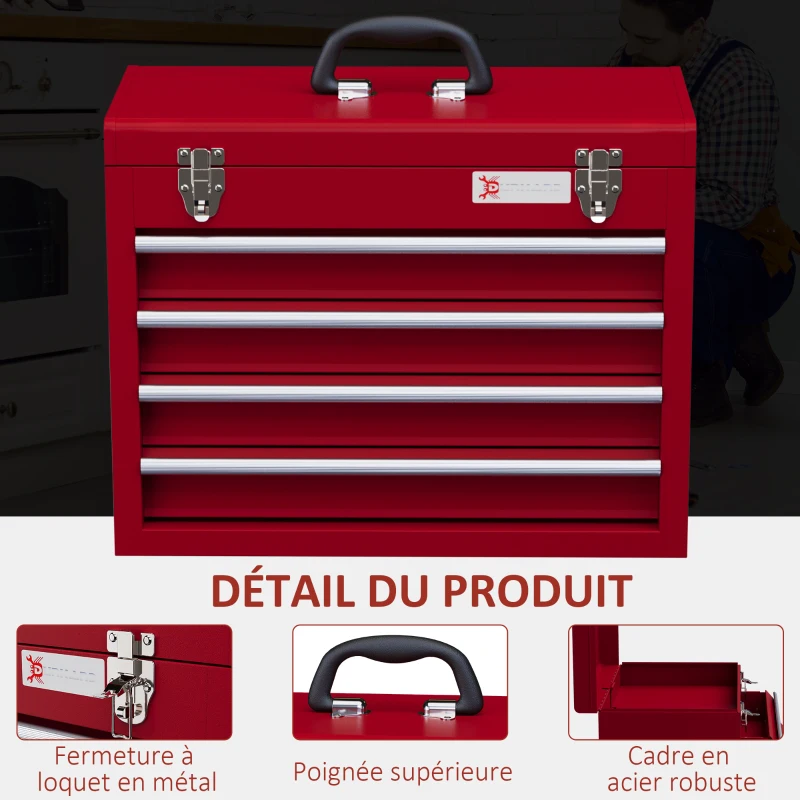 DURHAND Boite à outils métallique coffret à outils caisse à outils 4 tiroirs + plateau tôle acier 51 x 22 x 39,5 cm rouge