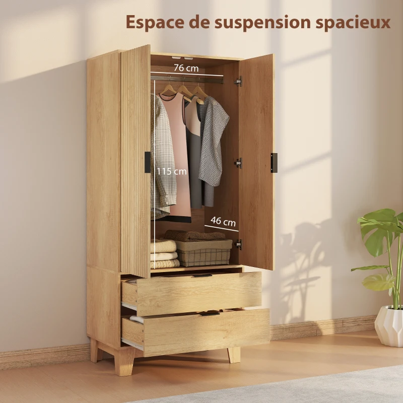 HOMCOM Armoire chambre penderie avec 2 portes à fermeture douce, 2 tiroirs et barre de suspension, 80x50x180cm, bois naturel