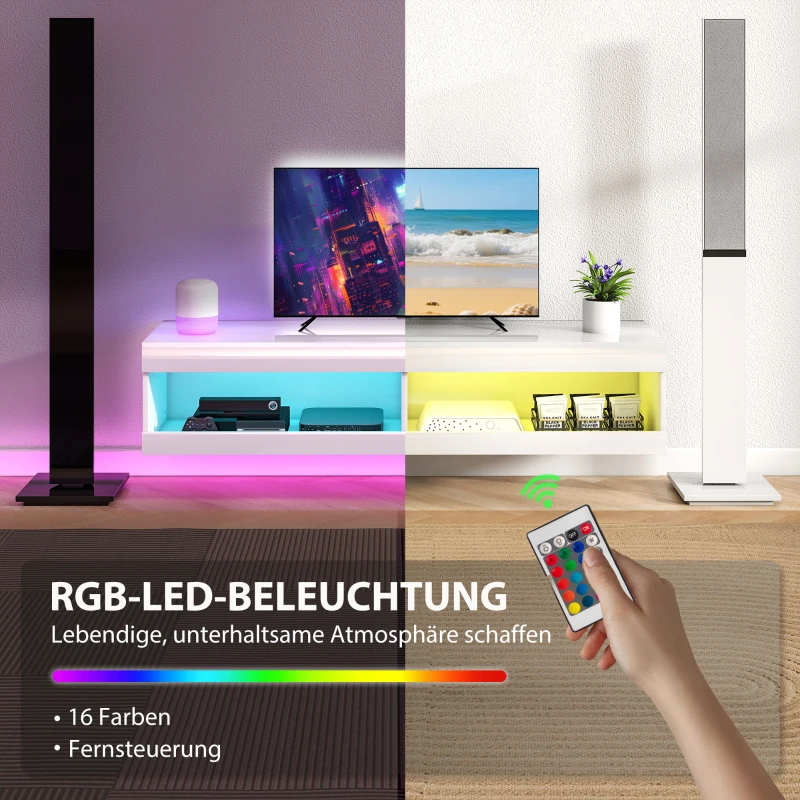 HOMCOM TV-kast, Hangend TV-lowboard met RGB LED-verlichting in 16 kleuren, TV-staander met open opbergruimte, voor 55-60 inch tv's, voor woonkamer, slaapkamer, 140 x 40 x 30 cm, Hoogglans wit